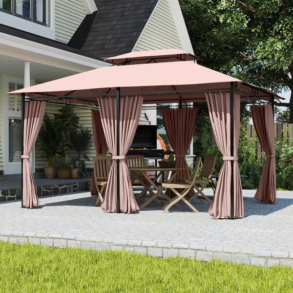 Outsunny 4m x 3(m) Metal Gazebo Canopy Party Tent Garden Pavillion Patio Shelter Pavilion with Curtains Sidewalls Brown