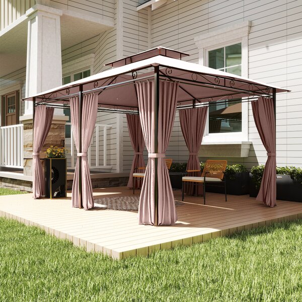 Outsunny 4m x 3(m) Metal Gazebo Canopy Party Tent Garden Pavillion Patio Shelter Pavilion with Curtains Sidewalls Brown