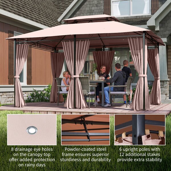 Outsunny 4m x 3(m) Metal Gazebo Canopy Party Tent Garden Pavillion Patio Shelter Pavilion with Curtains Sidewalls Brown