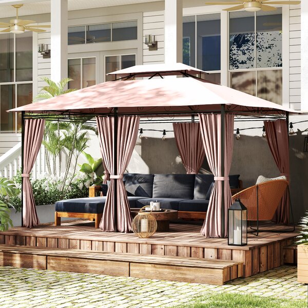 Outsunny 4m x 3(m) Metal Gazebo Canopy Party Tent Garden Pavillion Patio Shelter Pavilion with Curtains Sidewalls Brown