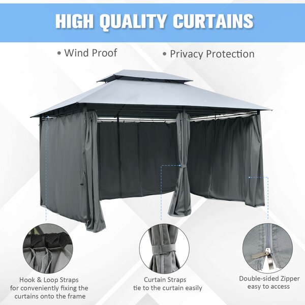 Outsunny 10 x 13ft Metal Gazebo Outdoor 2-Tier Steel Frame Gazebo with Curtains Outdoor Backyard, Black/Grey Aosom UK