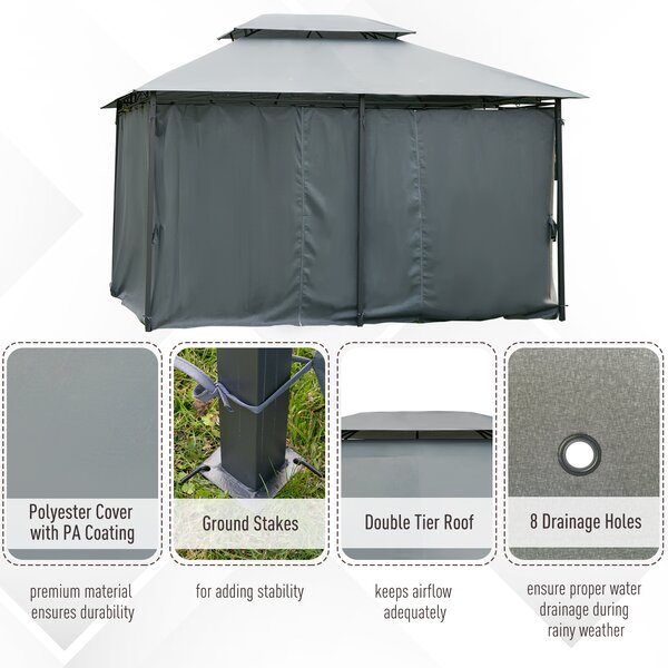 Outsunny 10 x 13ft Metal Gazebo Outdoor 2-Tier Steel Frame Gazebo with Curtains Outdoor Backyard, Black/Grey Aosom UK
