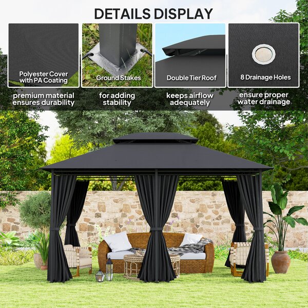 Outsunny 4m x 3(m)Garden Gazebo, Double Roof Outdoor Gazebo Canopy Shelter with Curtains, Solid Steel Frame for Patio, Garden, Black