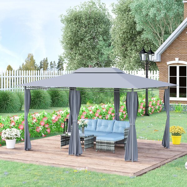 Outsunny 10 x 13ft Metal Gazebo Outdoor 2-Tier Steel Frame Gazebo with Curtains Outdoor Backyard, Black/Grey Aosom UK