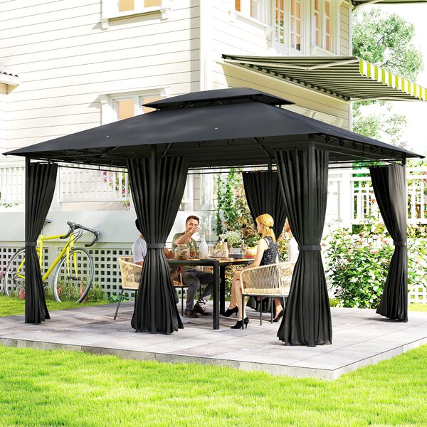 Outsunny 4m x 3(m)Garden Gazebo, Double Roof Outdoor Gazebo Canopy Shelter with Curtains, Solid Steel Frame for Patio, Garden, Black