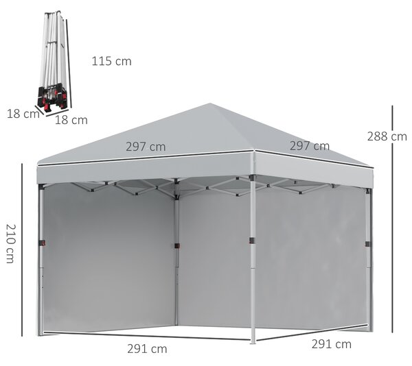 Outsunny 3 x 3 m Pop Up Gazebo, UPF 30+ Party Tent with 2 Sidewalls, Weight Bags and Wheeled Bag, Light Grey