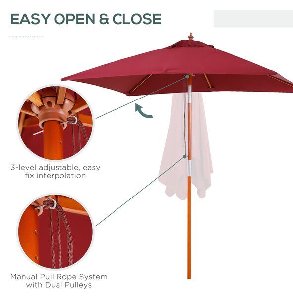 Outsunny 2 x 1.5m Patio Garden Parasol Sun Umbrella Sunshade Canopy Outdoor Backyard Furniture Fir Wooden Pole 6 Ribs Tilt Mechanism - Wine Red