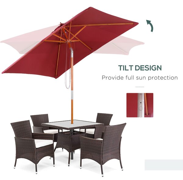 Outsunny 2 x 1.5m Patio Garden Parasol Sun Umbrella Sunshade Canopy Outdoor Backyard Furniture Fir Wooden Pole 6 Ribs Tilt Mechanism - Wine Red