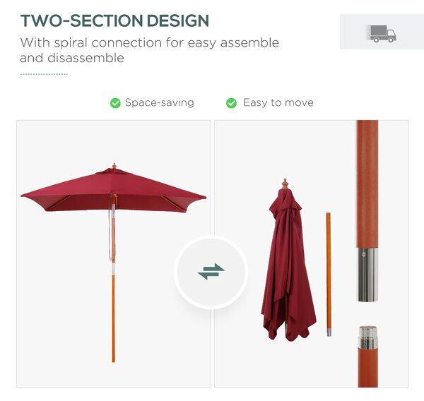 Outsunny 2 x 1.5m Patio Garden Parasol Sun Umbrella Sunshade Canopy Outdoor Backyard Furniture Fir Wooden Pole 6 Ribs Tilt Mechanism - Wine Red