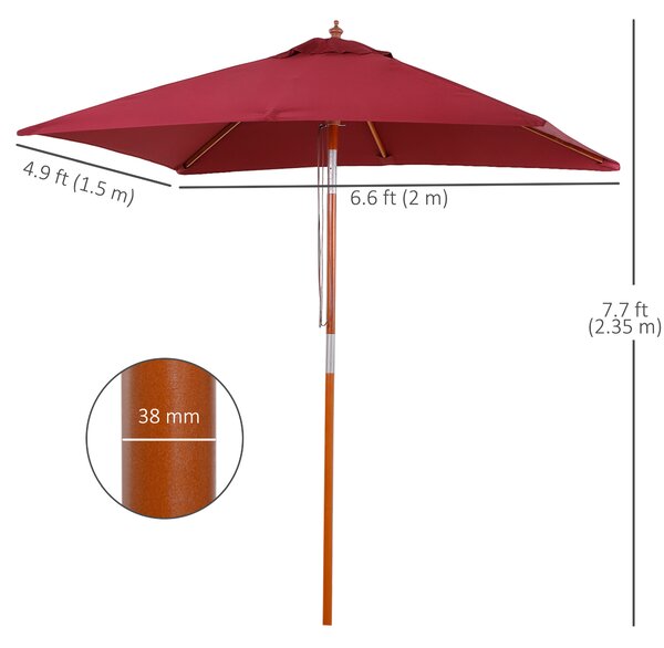 Outsunny 2 x 1.5m Patio Garden Parasol Sun Umbrella Sunshade Canopy Outdoor Backyard Furniture Fir Wooden Pole 6 Ribs Tilt Mechanism - Wine Red