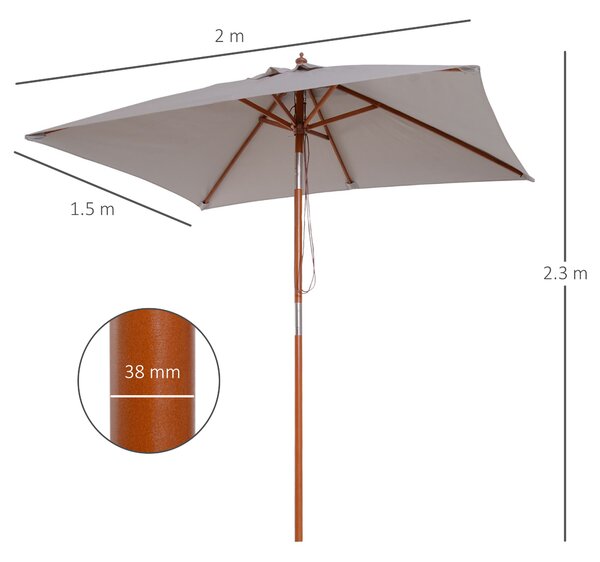 Outsunny Waterproof 2m x 1.5m Patio Garden Parasol Sun Umbrella Sunshade Canopy Outdoor Furniture Fir Wooden Pole 6 Ribs Tilt Mechanism Aosom UK