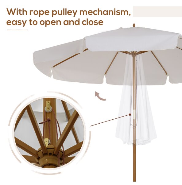Outsunny 3.3(m) Garden Parasol Umbrella, Outdoor Sun Shade Canopy with 8 Bamboo Ribs, Ruffles and Wood Pole, Cream White