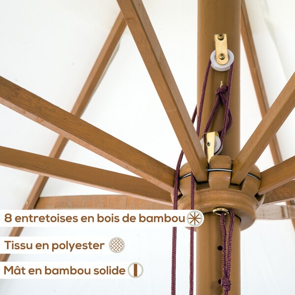 Outsunny 3.3(m) Garden Parasol Umbrella, Outdoor Sun Shade Canopy with 8 Bamboo Ribs, Ruffles and Wood Pole, Cream White