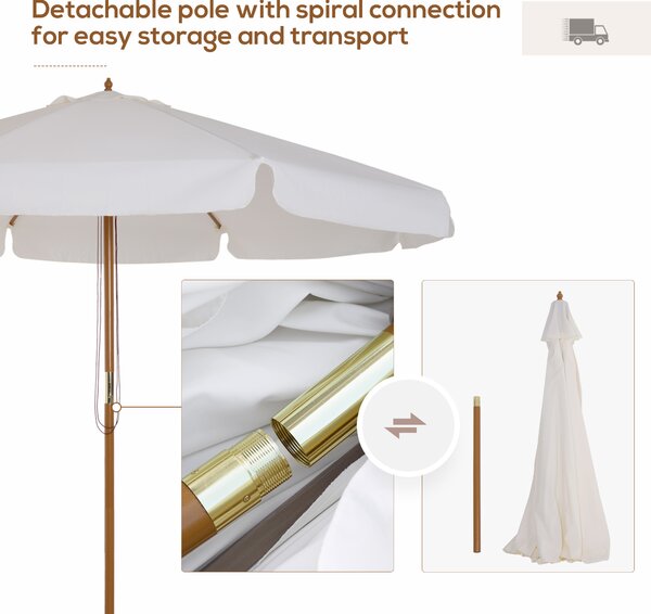 Outsunny 3.3(m) Garden Parasol Umbrella, Outdoor Sun Shade Canopy with 8 Bamboo Ribs, Ruffles and Wood Pole, Cream White