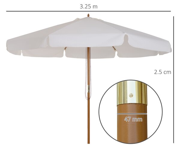 Outsunny 3.3(m) Garden Parasol Umbrella, Outdoor Sun Shade Canopy with 8 Bamboo Ribs, Ruffles and Wood Pole, Cream White