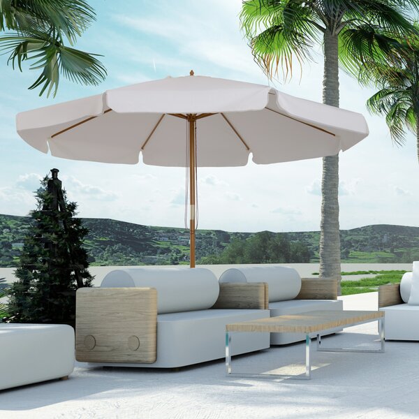 Outsunny 3.3(m) Garden Parasol Umbrella, Outdoor Sun Shade Canopy with 8 Bamboo Ribs, Ruffles and Wood Pole, Cream White
