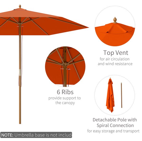 Outsunny 2.5m Wood Garden Parasol Sun Shade Patio Outdoor Wooden Umbrella Canopy Orange