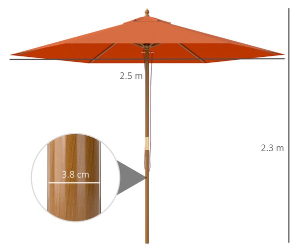 Outsunny 2.5m Wood Garden Parasol Sun Shade Patio Outdoor Wooden Umbrella Canopy Orange