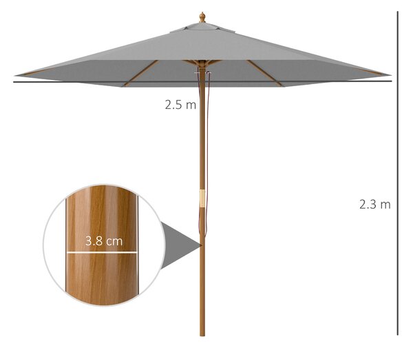 Outsunny 2.5m Wood Garden Parasol Sun Shade Patio Outdoor Wooden Umbrella Canopy Light Grey