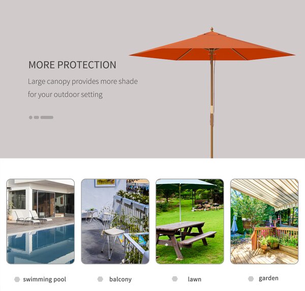 Outsunny 2.5m Wood Garden Parasol Sun Shade Patio Outdoor Wooden Umbrella Canopy Orange