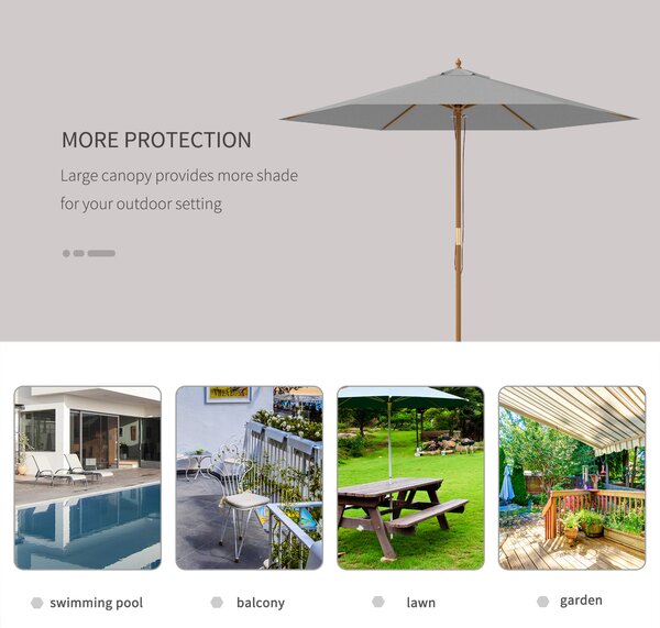 Outsunny 2.5m Wood Garden Parasol Sun Shade Patio Outdoor Wooden Umbrella Canopy Light Grey