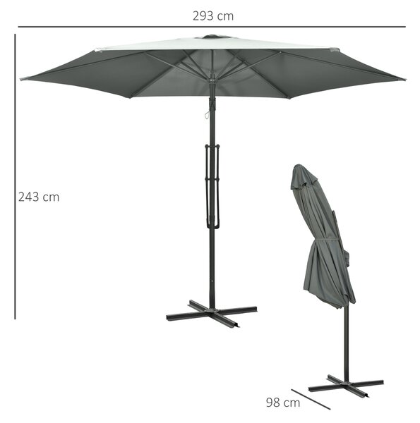Outsunny Waterproof 3m Cantilever Parasol with Easy Lever, Patio Umbrella w/ Crank Handle, Cross Base & 6 Metal Ribs, Outdoor Sun Shades Aosom UK