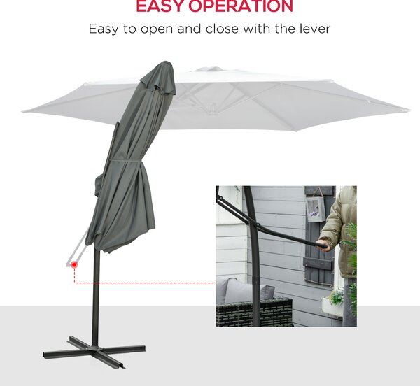 Outsunny Waterproof 3m Cantilever Parasol with Easy Lever, Patio Umbrella w/ Crank Handle, Cross Base & 6 Metal Ribs, Outdoor Sun Shades Aosom UK
