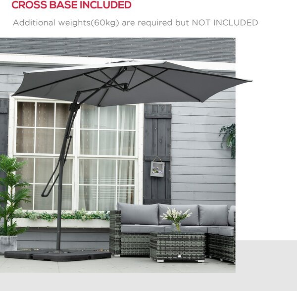 Outsunny Waterproof 3m Cantilever Parasol with Easy Lever, Patio Umbrella w/ Crank Handle, Cross Base & 6 Metal Ribs, Outdoor Sun Shades Aosom UK
