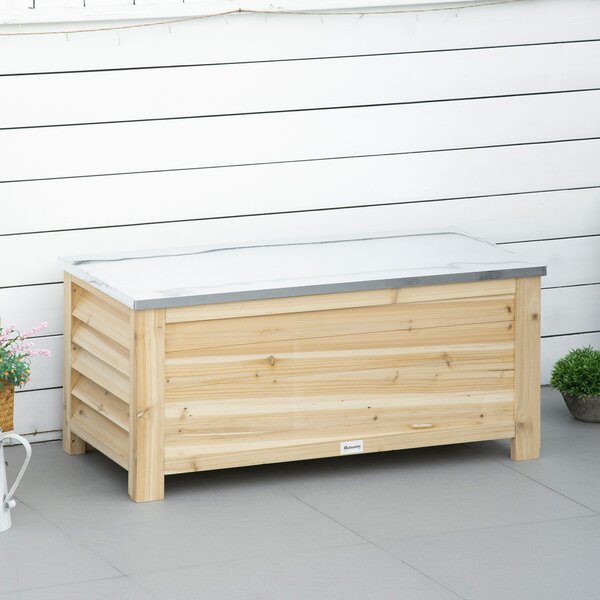Outsunny 155L Outdoor Storage Box with Metal Top and Shutter Walls, Wooden Outside Tool organiser Container, for Garden, terrace