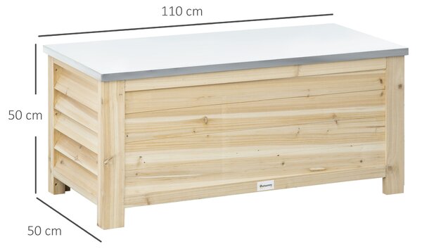 Outsunny 155L Outdoor Storage Box with Metal Top and Shutter Walls, Wooden Outside Tool organiser Container, for Garden, terrace