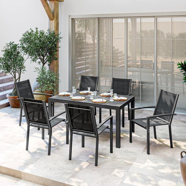 Outsunny 7-Piece Garden Dining Set, Weather-Resistant Outdoor Furniture with Plastic Wood-Top Table & Stackable Chairs, Black Aosom UK