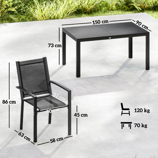 Outsunny 7-Piece Garden Dining Set, Weather-Resistant Outdoor Furniture with Plastic Wood-Top Table & Stackable Chairs, Black Aosom UK