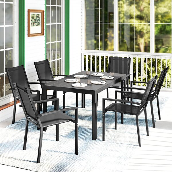 Outsunny 7-Piece Garden Dining Set, Weather-Resistant Outdoor Furniture with Plastic Wood-Top Table & Stackable Chairs, Black Aosom UK