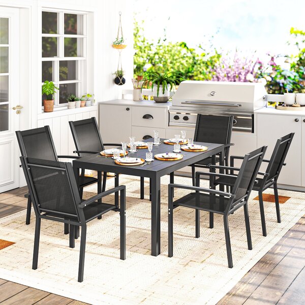 Outsunny 7-Piece Garden Dining Set, Weather-Resistant Outdoor Furniture with Plastic Wood-Top Table & Stackable Chairs, Black Aosom UK