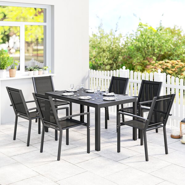 Outsunny 7-Piece Garden Dining Set, Weather-Resistant Outdoor Furniture with Plastic Wood-Top Table & Stackable Chairs, Black Aosom UK