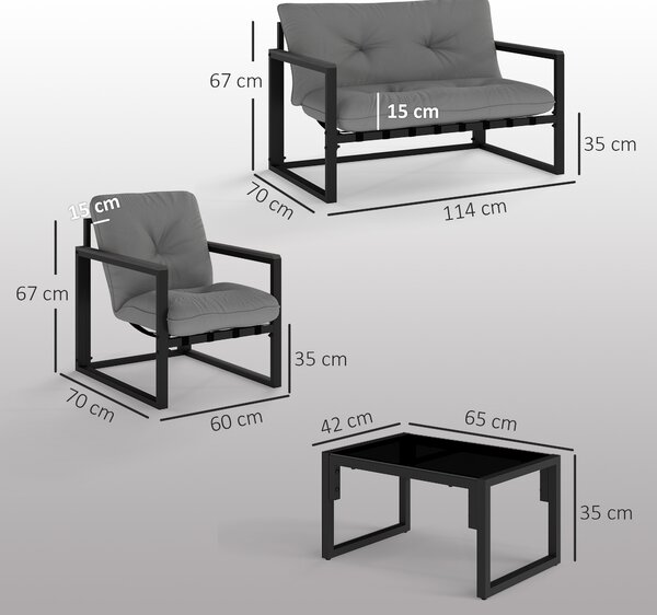 Outsunny Garden Furniture Set, 4 Piece Indoor Outdoor Conservatory with Loveseat Sofa, Armchairs, Glass Top Coffee Table, Cushions for Balcony, Poolside, Patio, Dark Grey