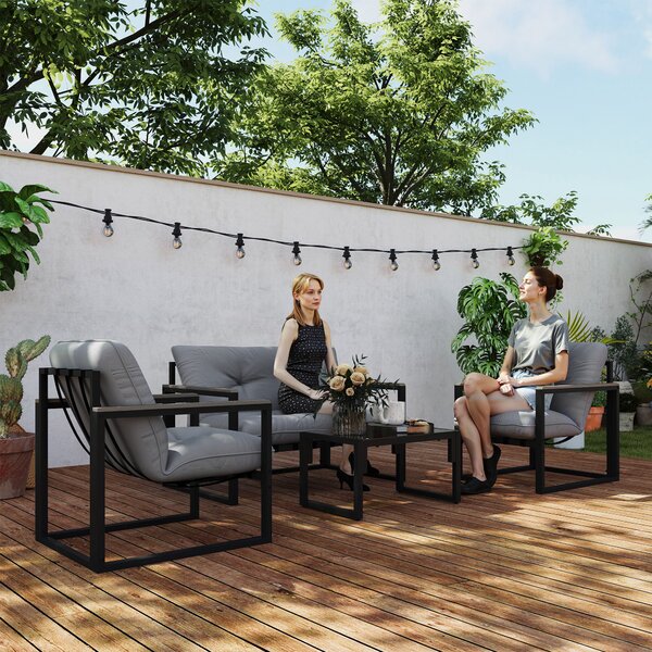 Outsunny Garden Furniture Set, 4 Piece Indoor Outdoor Conservatory with Loveseat Sofa, Armchairs, Glass Top Coffee Table, Cushions for Balcony, Poolside, Patio, Dark Grey