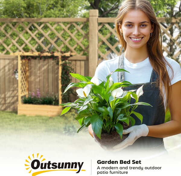 Outsunny Garden Planter with Trellis, Wooden Raised Bed for Garden with Hanging Roof and Drainage Holes, Outdoor Trellis Planter Box for Vegetables, Herbs and Flowers, 110 x 44 x 113 cm, Natural
