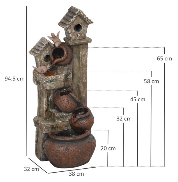 Outsunny 2-in-1 Waterfall Fountain with Birdhouse, Resin Garden Water Fountain with LED Lights Pump, Cascading Garden Water Feature with Tree Trunk Design, Multi-colour