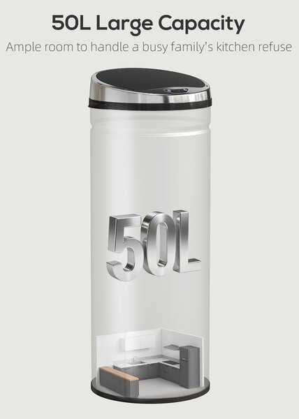 HOMCOM 50L Stainless Steel Sensor Bin - Silver Tone