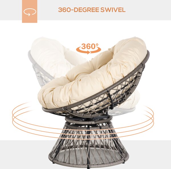 Outsunny Rattan Moon Chair, 360° Swivel Outdoor Wicker Chair with Soft Cushion, Weatherproof, UV Resistance, Grey Aosom UK