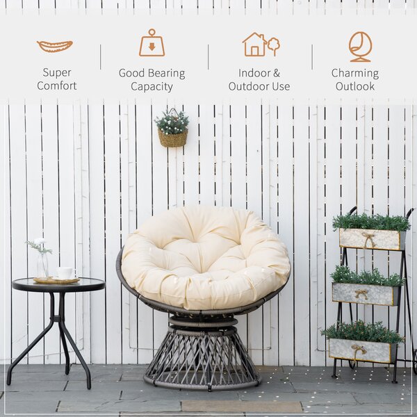 Outsunny Rattan Moon Chair, 360° Swivel Outdoor Wicker Chair with Soft Cushion, Weatherproof, UV Resistance, Grey Aosom UK