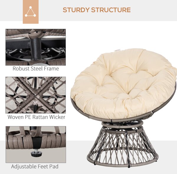 Outsunny Rattan Moon Chair, 360° Swivel Outdoor Wicker Chair with Soft Cushion, Weatherproof, UV Resistance, Grey Aosom UK