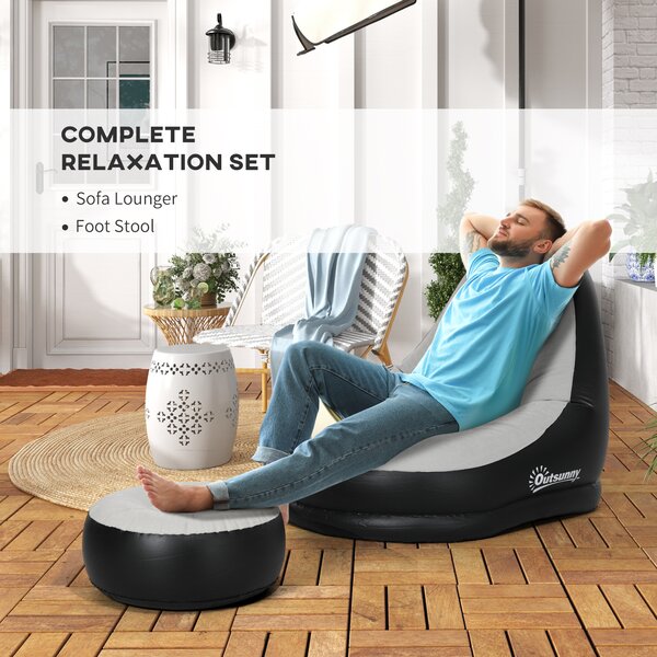 Outsunny Inflatable Lounge Chair and Ottoman Set with Cup Holder, Ideal for Gaming, Reading, Grey Aosom UK