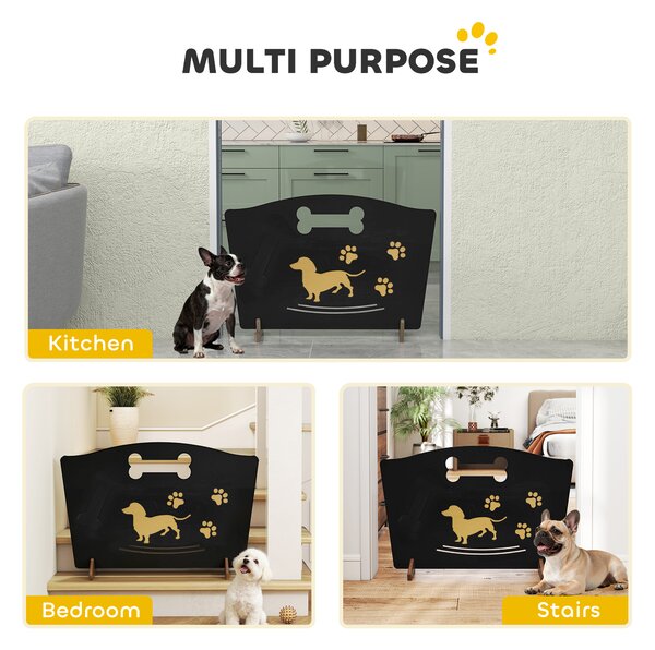 PawHut Wooden Dog Stopper, Dog Barrier with Support Feet, for Stair, Patio, Very Easy Setup, Black, 75 x 51 cm