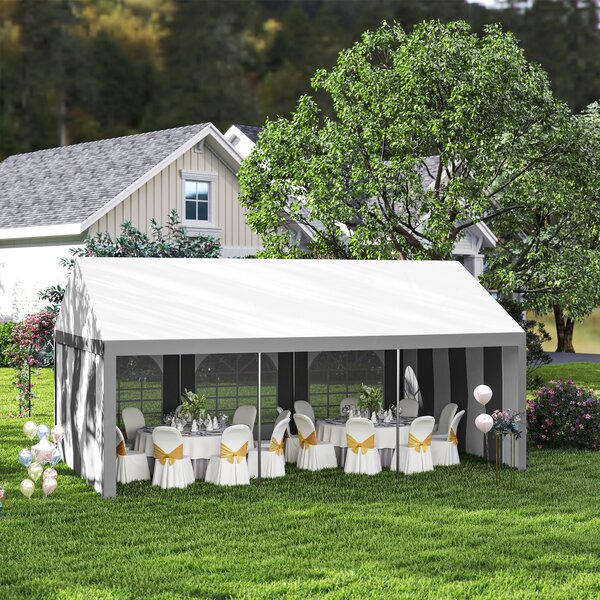 Outsunny 6 x 4m Galvanised Party Tent, Marquee Gazebo with Sides, Six Windows and Double Doors, for Parties, Wedding and Events, White and Grey