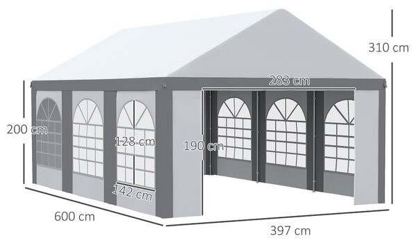 Outsunny 6 x 4m Galvanised Party Tent, Marquee Gazebo with Sides, Six Windows and Double Doors, for Parties, Wedding and Events, White and Grey