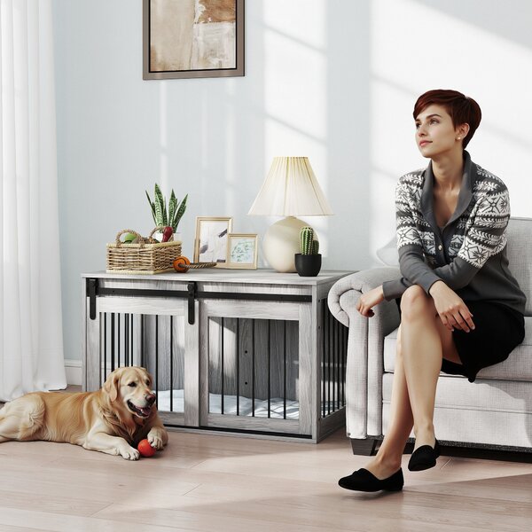 PawHut 100cm Dog Crate Furniture with Removable Cushion for Large Dogs - Grey Aosom UK
