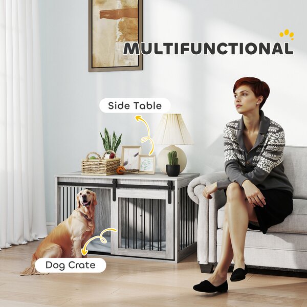 PawHut 100cm Dog Crate Furniture with Removable Cushion for Large Dogs - Grey Aosom UK