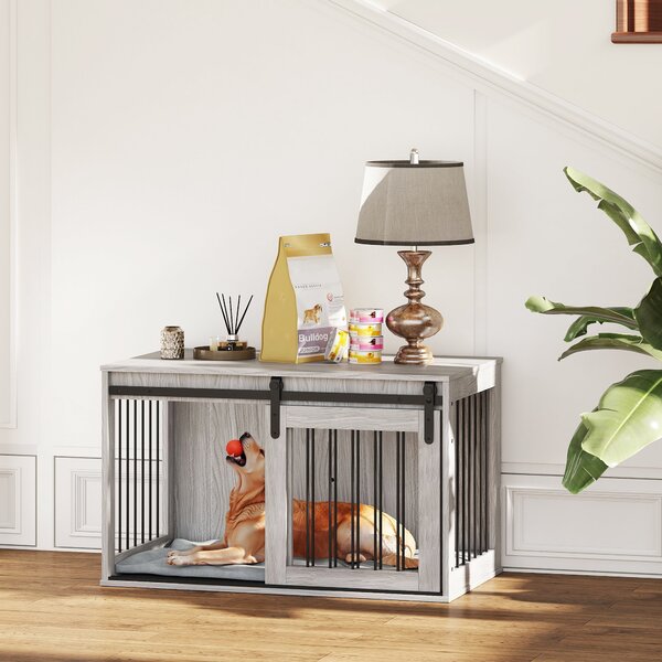 PawHut 100cm Dog Crate Furniture with Removable Cushion for Large Dogs - Grey Aosom UK